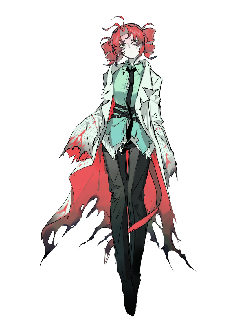 1girl, absurdres, aqua_shirt, black_necktie, black_pants, coat, commentary_request, drill_hair, highres, kasane_teto, killlb, necktie, pants, red_hair, shirt, simple_background, sleeves_past_wrists, striped_clothes, synthesizer_v, torn_clothes, twin_drills, twirling_hair, two-sided_coat, two-sided_fabric, utau, vertical-striped_clothes, white_background, white_coat