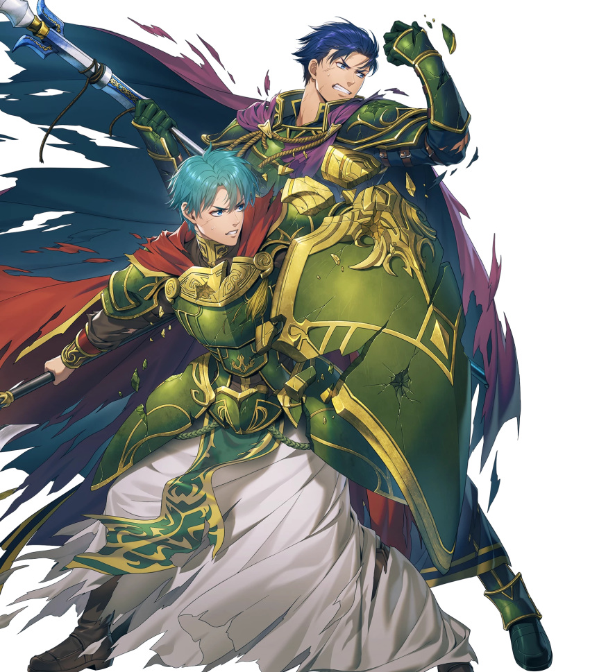 2boys, aqua_eyes, armor, axe, battle_axe, battle_damage, belt, blue_eyes