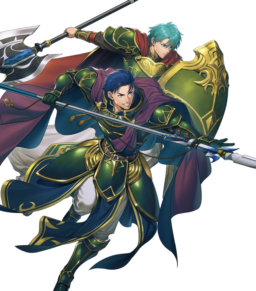 2boys, aqua_eyes, armor, attack, axe, battle_axe, belt, blue_eyes