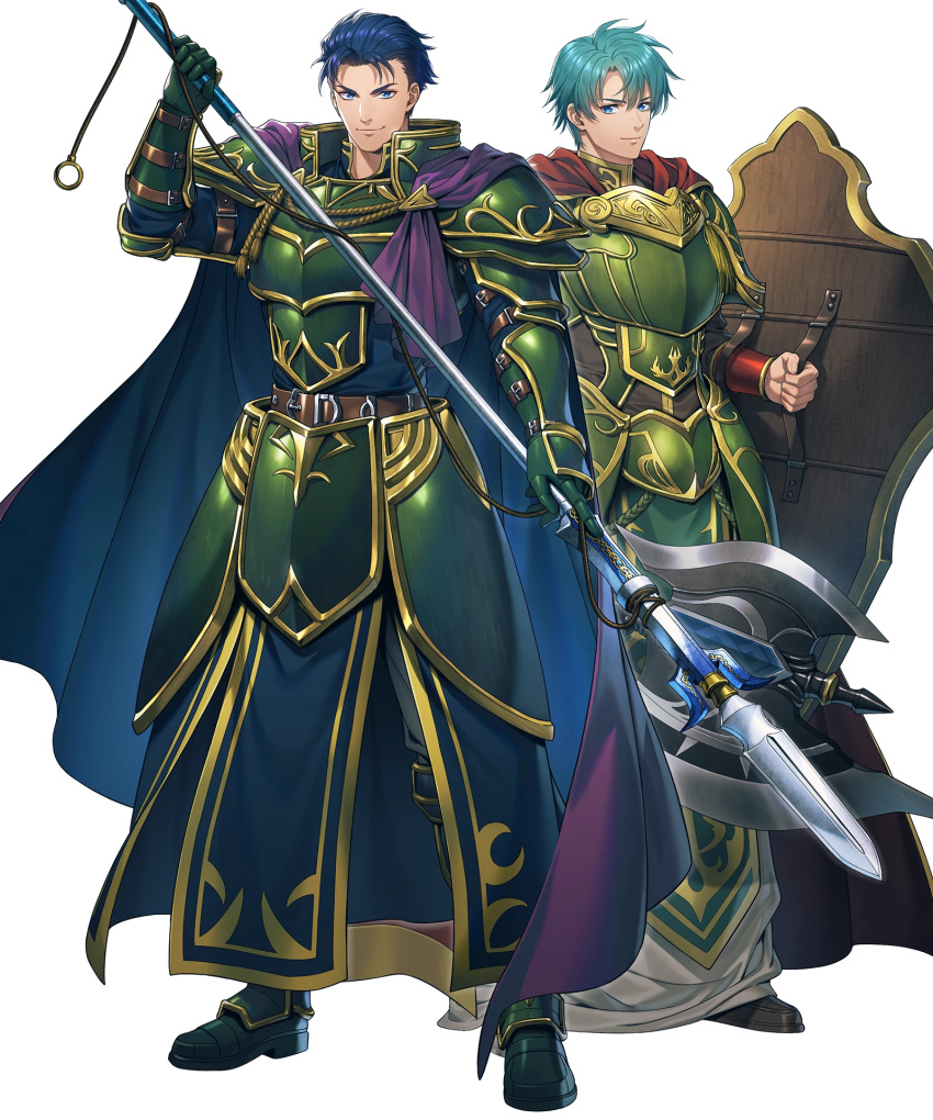 2boys, aqua_eyes, armor, belt, blue_eyes, blue_hair, boots, cape