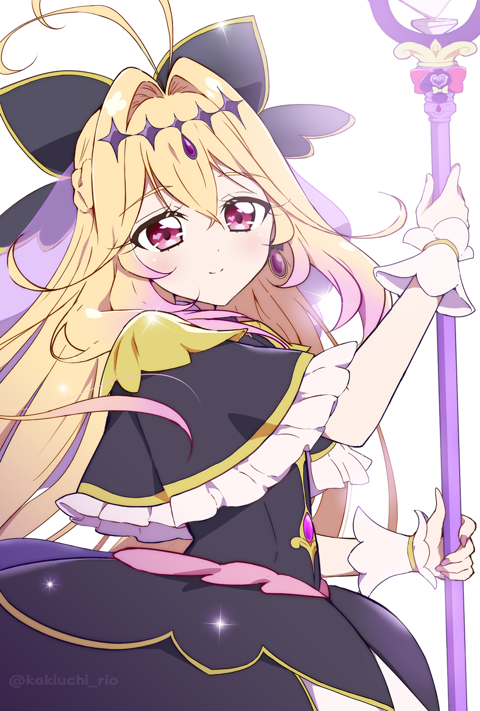 1girl, antenna_hair, backlighting, black_bow, black_capelet, black_dress, blonde_hair, bow