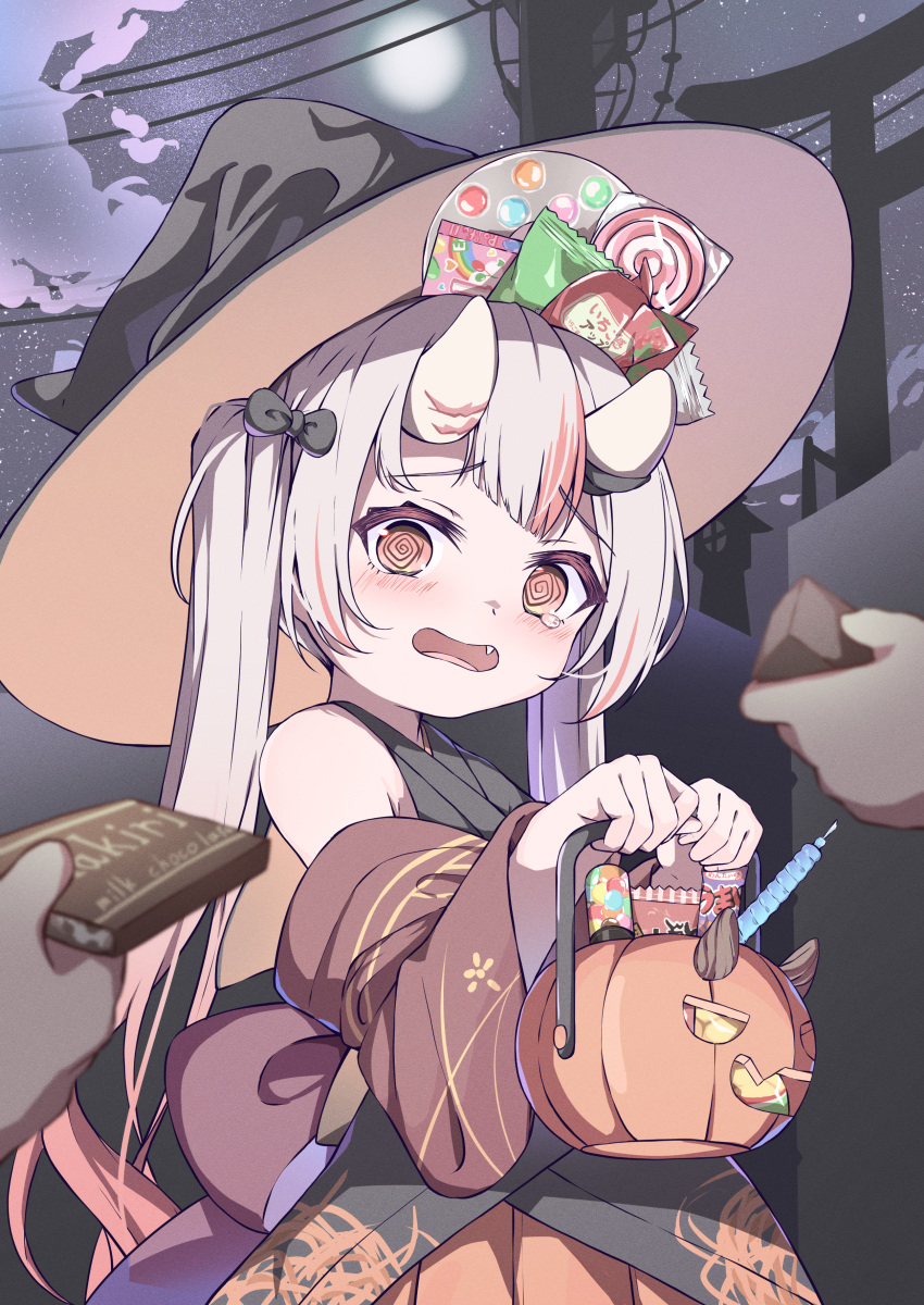 1girl, 2others, @_@, absurdres, adapted_costume, alternate_hairstyle, bare_shoulders, black_hat