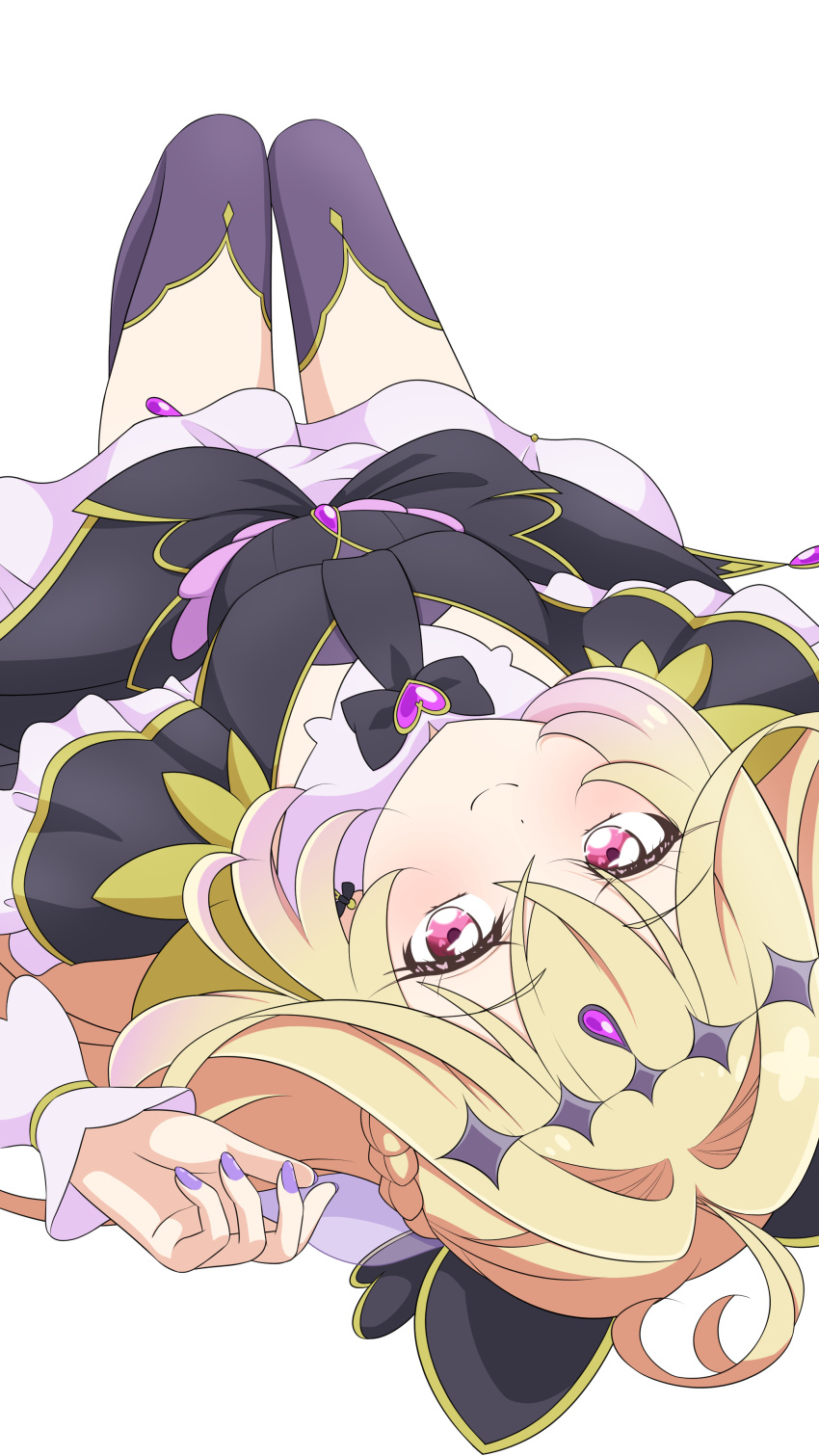 1girl, absurdres, antenna_hair, black_bow, black_bowtie, black_capelet, black_dress, black_thighhighs