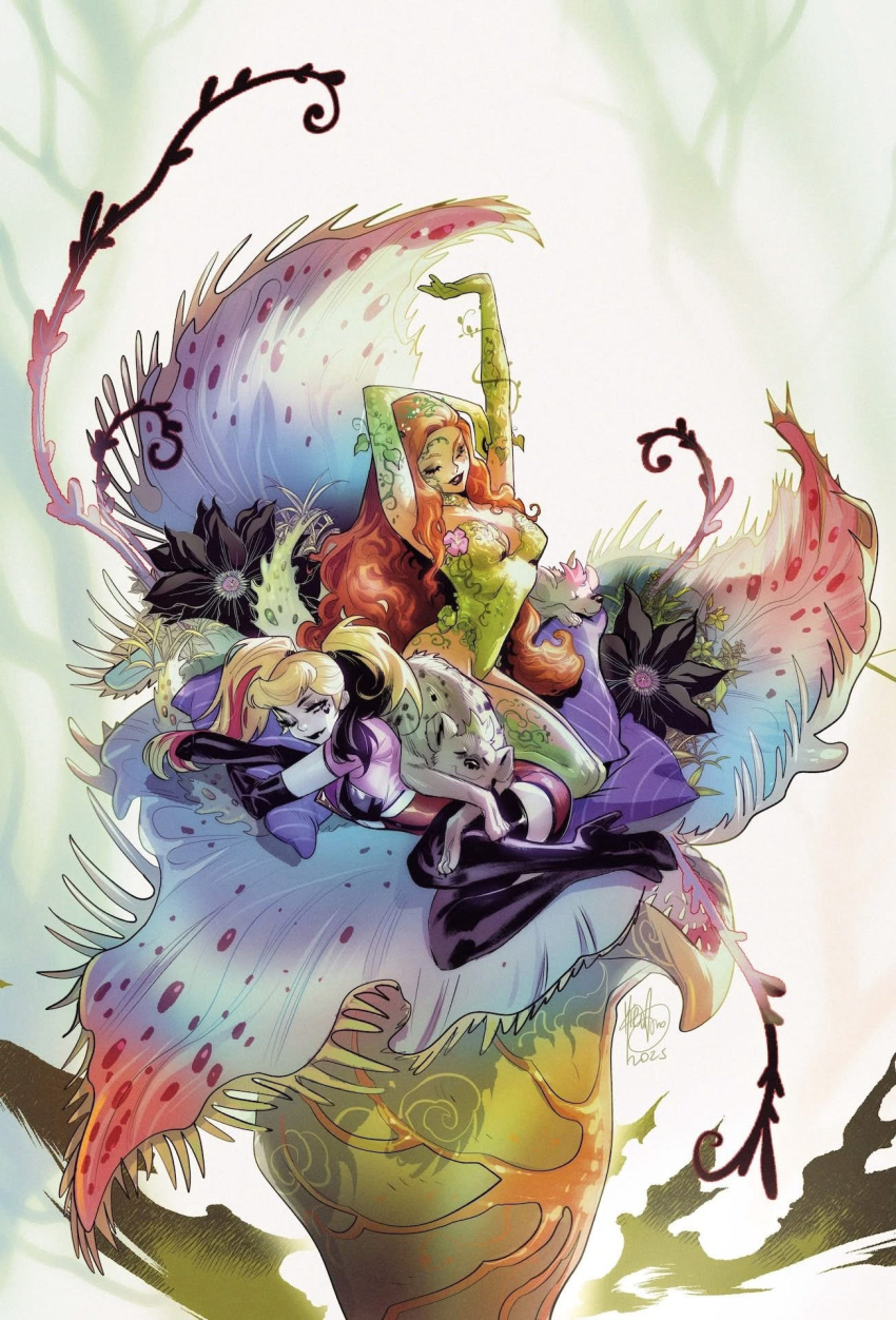 2girls, arms_up, batman_(series), black_boots, black_streaks, blonde_hair, boots, carnivorous_plant