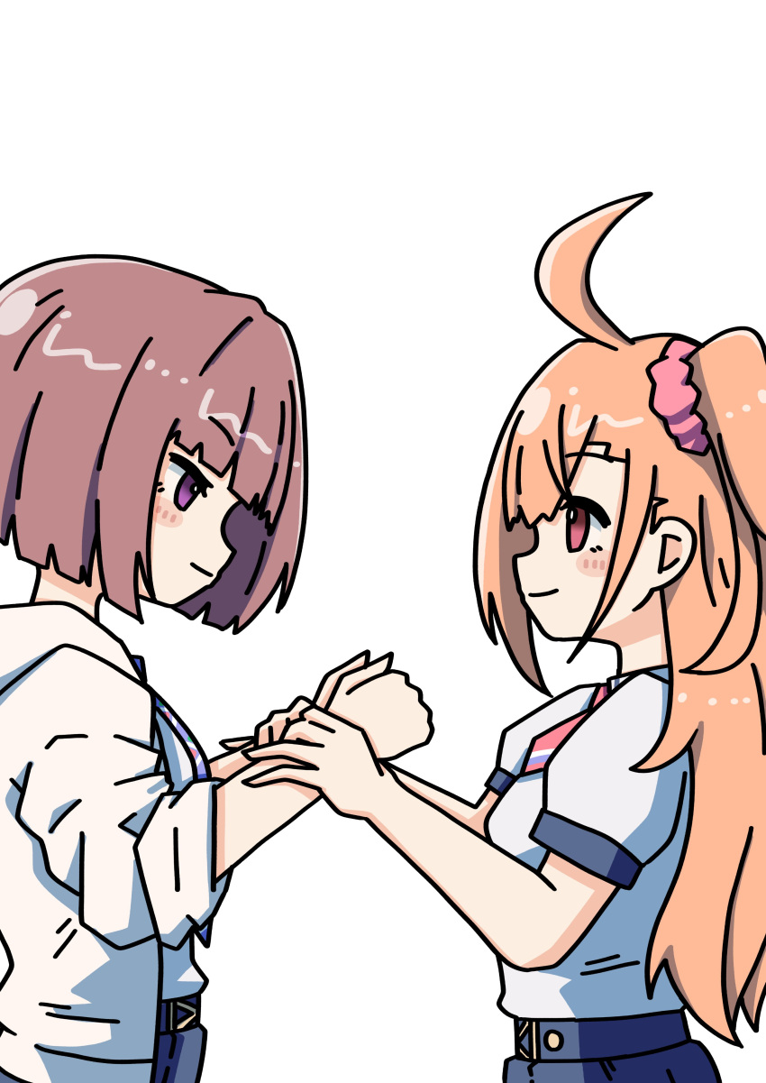 2girls, absurdres, ahoge, blue_skirt, blunt_bangs, blunt_ends, bob_cut, brown_hair