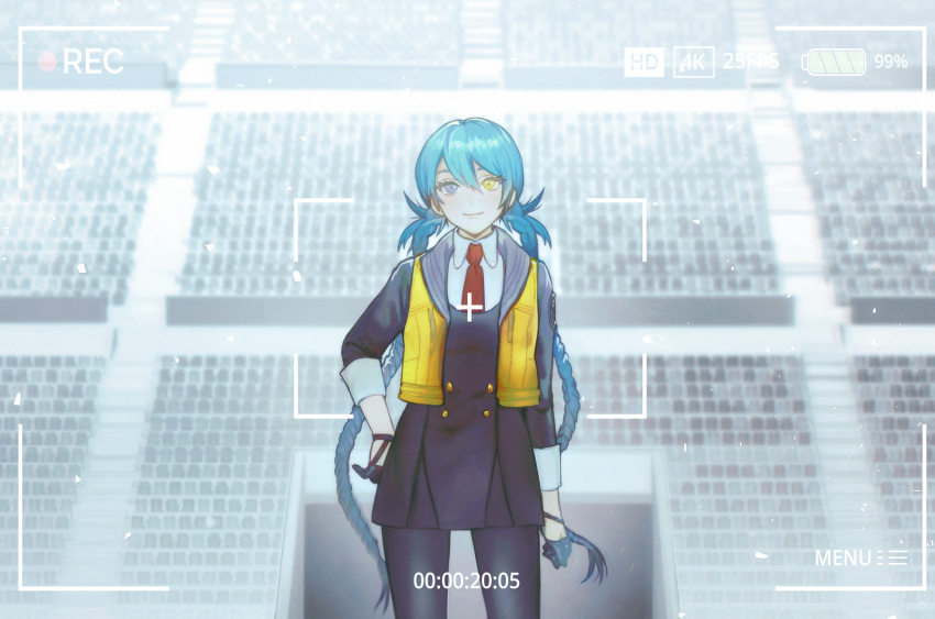 1girl, 1other, ai_the_somnium_files, ai_the_somnium_files:_nirvana_initiative, blue_eyes, blue_hair, caedoll, collared_shirt, gloves, heterochromia, highres, long_hair, necktie, okiura_mizuki, recording, scene_reference, shirt, smile, solo_focus, tama_(ai_the_somnium_files), twintails, very_long_hair, viewfinder, yellow_eyes