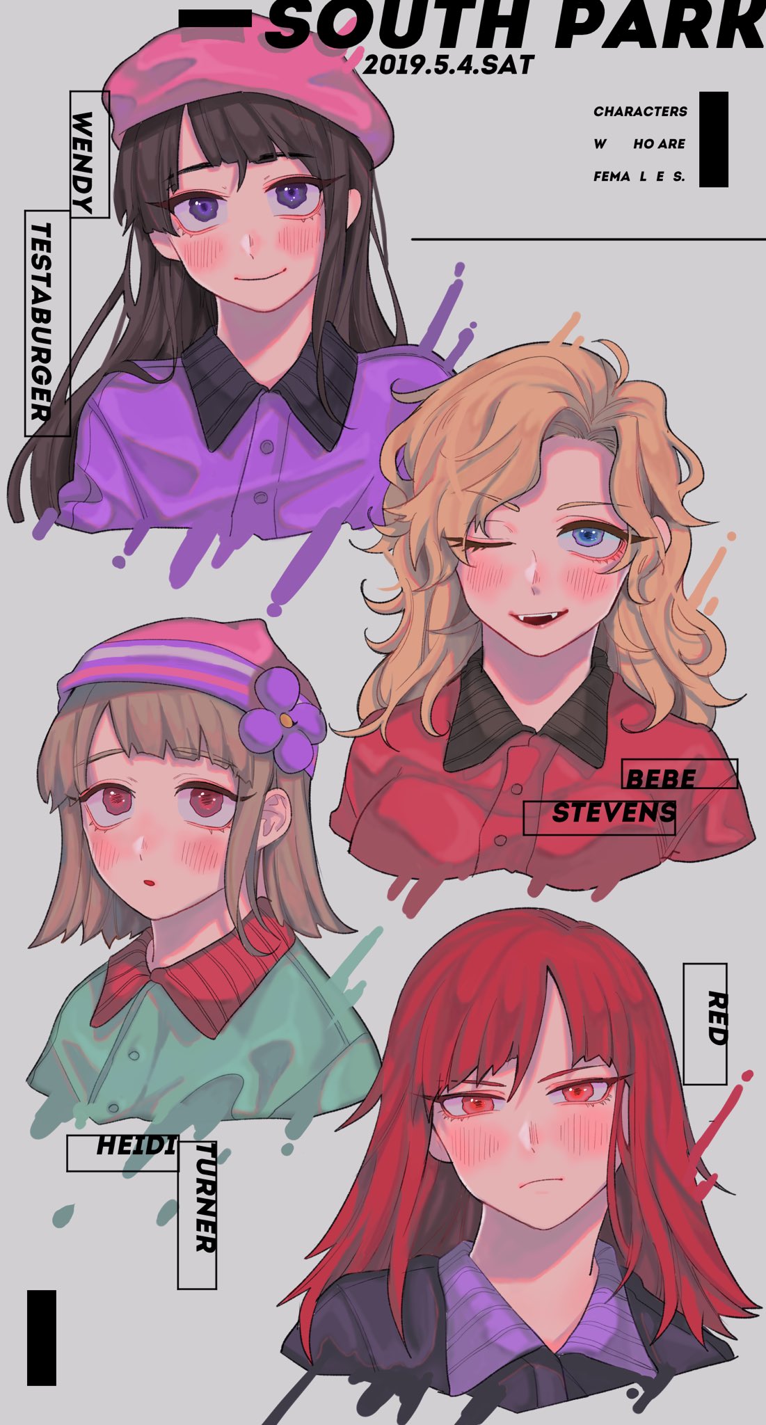 4girls, bebe_stevens, blonde_hair, blue_eyes, brown_hair, character_name, commentary_request, cropped_torso