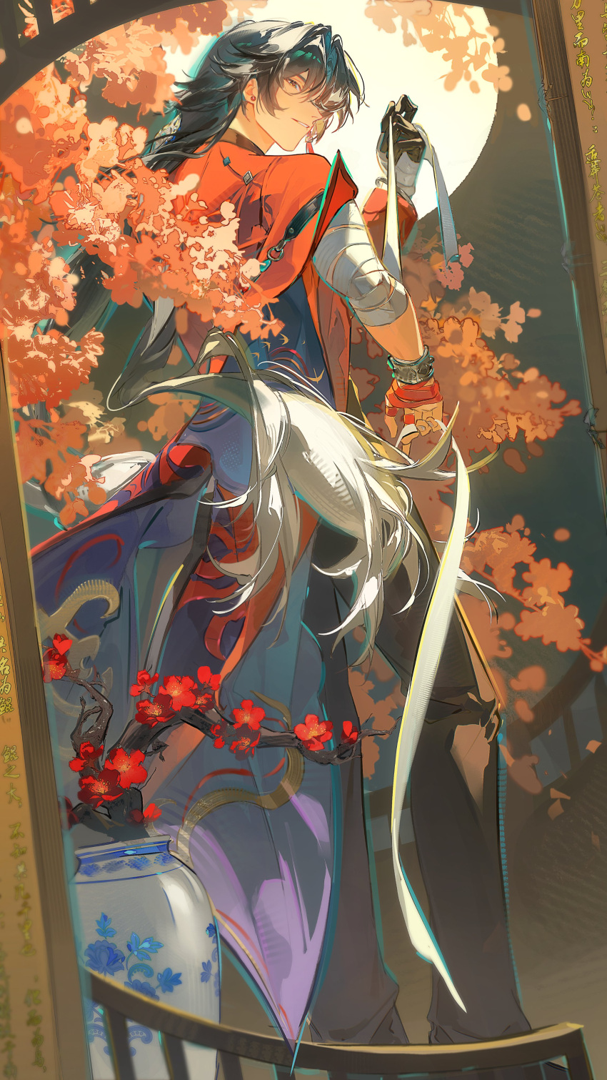 1boy, absurdres, architecture, bandages, bangle, blade_(elation)_(honkai:_star_rail), blade_(honkai:_star_rail), blue_hair, bracelet, branch, earrings, east_asian_architecture, flower, gradient_hair, hashtag-only_commentary, highres, honkai:_star_rail, honkai_(series), jacket, jewelry, leaf, long_hair, male_focus, multicolored_hair, pants, parted_bangs, red_eyes, red_jacket, shiyi1314, sidelocks, smile, tassel, vase, very_long_hair