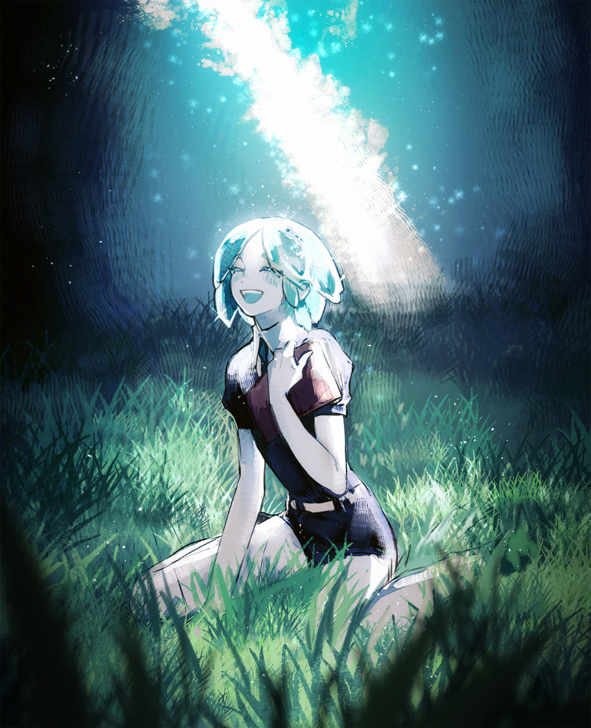 1other, absurdres, androgynous, blue_hair, blush, caedoll, closed_eyes, english_commentary