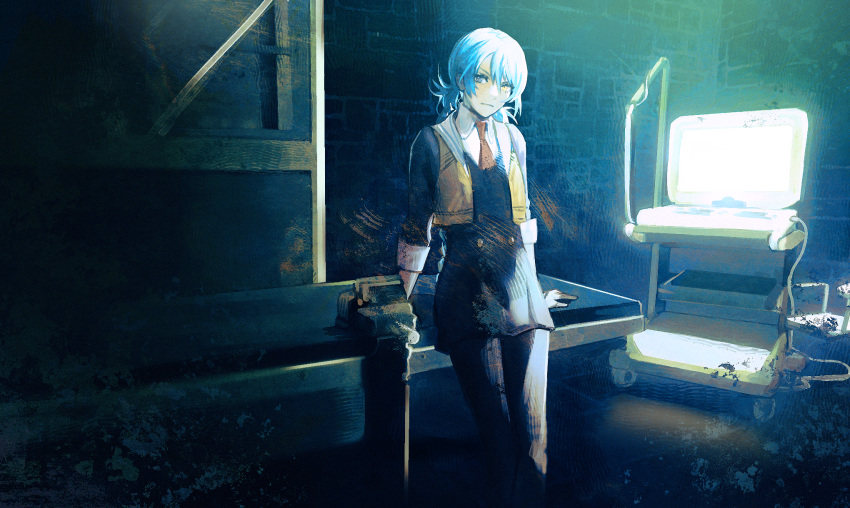 1girl, 1other, ai_the_somnium_files, ai_the_somnium_files:_nirvana_initiative, blue_eyes, blue_hair, caedoll, collared_shirt