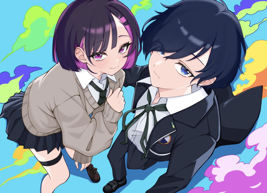 1boy, 1girl, black_hair, black_jacket, black_necktie, black_pants, black_shoes, black_skirt