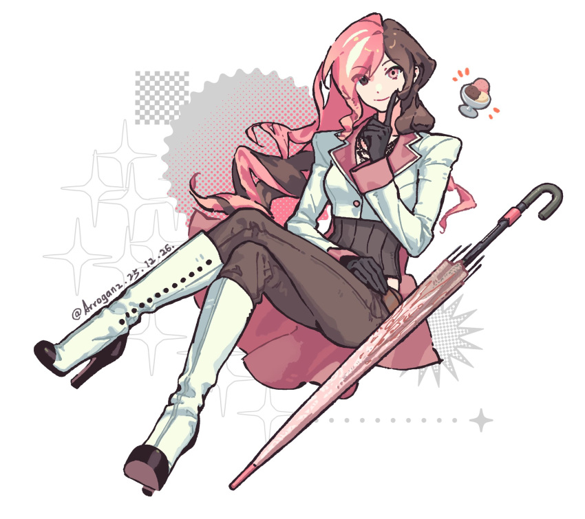 1girl, arr0ganz_777, artist_name, black_gloves, boots, brown_eyes, brown_hair, brown_pants
