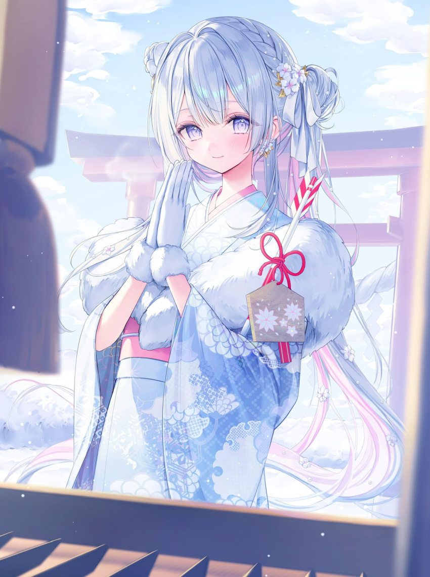 1girl, aoi_sui, arrow_(projectile), artist_request, blue_hair, blush, braid, clouds