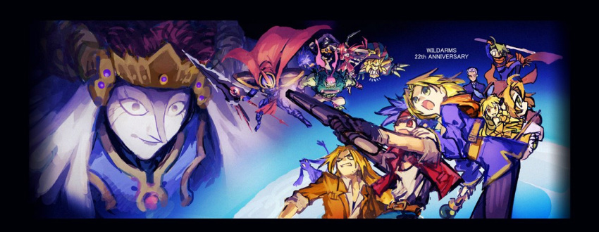 alhazad_(wild_arms), belselk_(wild_arms), belt, blonde_hair, blue_hair, boomerang_flash, cape, cecilia_lynne_adelhyde