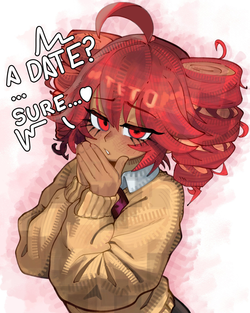absurdres, ahoge, collared_shirt, dark-skinned_female, dark_skin, drill_hair, english_commentary, english_text
