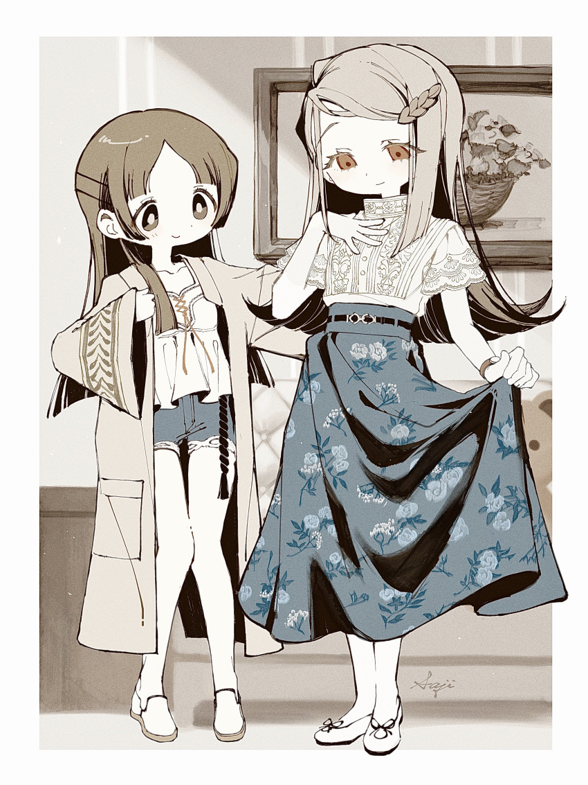 2girls, absurdres, blouse, blue_shorts, blue_skirt, blunt_ends, border, brown_eyes