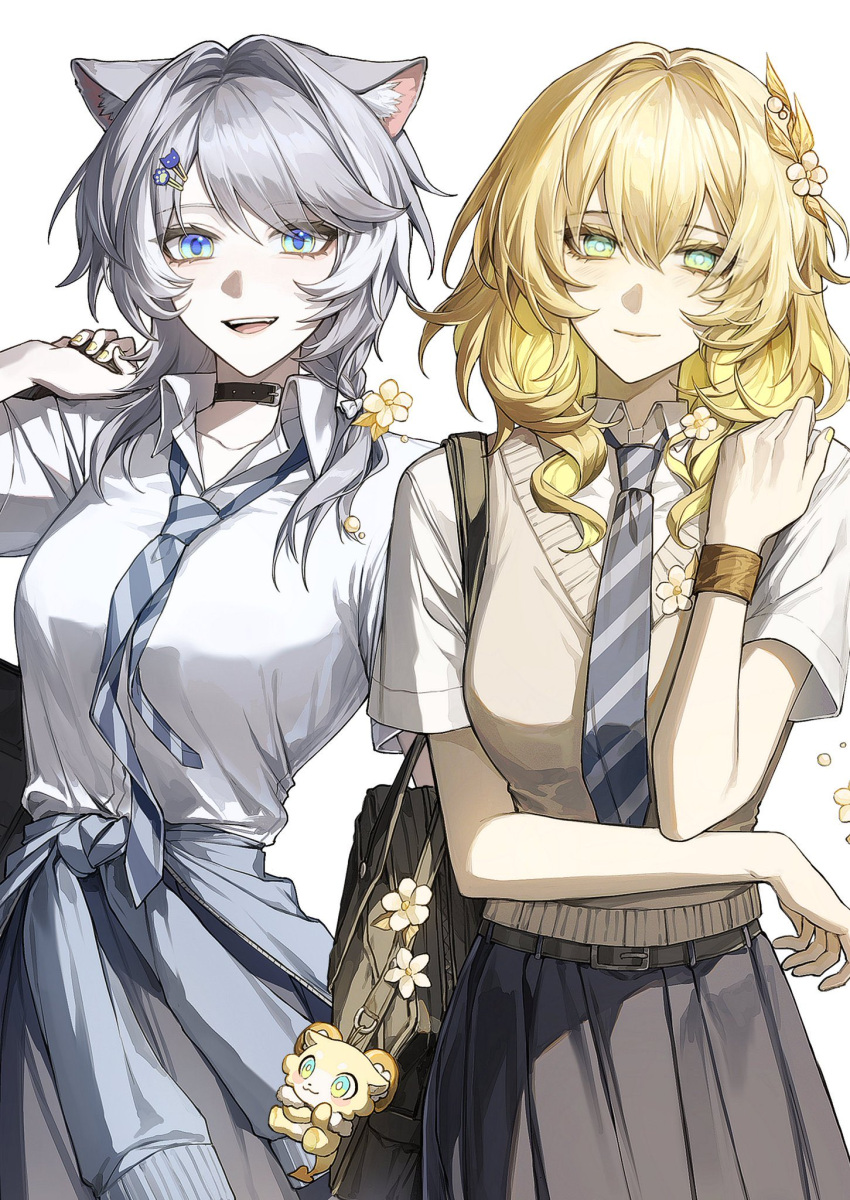 2girls, aglaea_(honkai:_star_rail), alternate_costume, animal_ears, ara_200117, bag, black_choker, blonde_hair, blue_eyes, breasts, brown_cardigan, cardigan, cat_ears, cat_tail, chimera_(honkai:_star_rail), choker, chrysos_heirs_school_uniform, cipher_(honkai:_star_rail), commentary, green_eyes, grey_hair, grey_skirt, highres, honkai:_star_rail, honkai_(series), large_breasts, laurel_crown, looking_at_viewer, multiple_girls, necktie, open_mouth, school_bag, school_uniform, shirt, short_hair, short_hair_with_long_locks, simple_background, skirt, striped_clothes, striped_necktie, tail, untranslatable_commentary, white_background, white_shirt