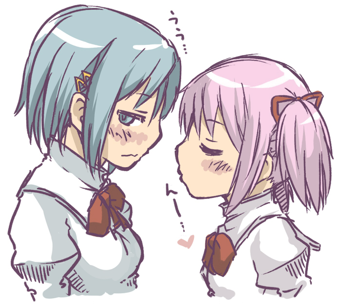 blue_eyes, blue_hair, blush, bow, closed_eyes, es_(eisis), eyes_closed, hair_ornament, hair_ribbon, heart, incipient_kiss, kaname_madoka, mahou_shoujo_madoka_magica, miki_sayaka, multiple_girls, pink_hair, ribbon, samedays-dreamers, school_uniform, short_hair, short_twintails, twintails, yuri