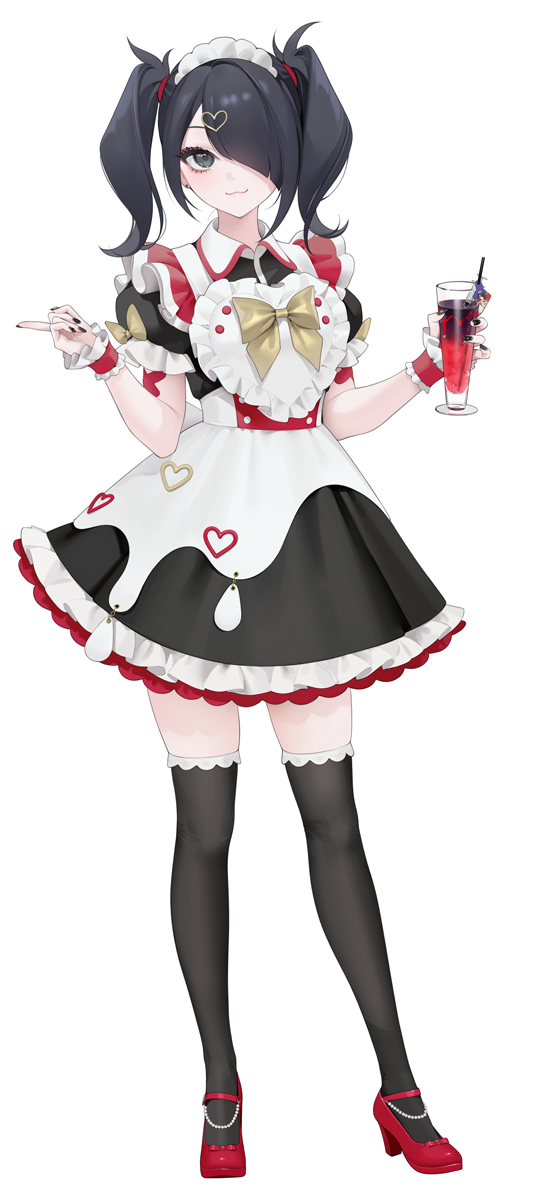 1girl, :3, ame-chan_(needy_girl_overdose), apron, black_dress, black_hair, black_thighhighs, cocktail_glass