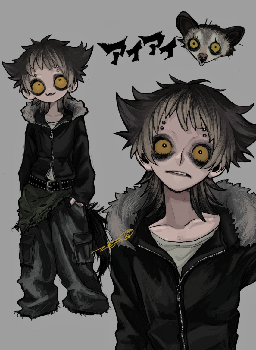 1boy, animal, aye-aye, baggy_pants, bags_under_eyes, black_jacket, brown_hair, cargo_pants