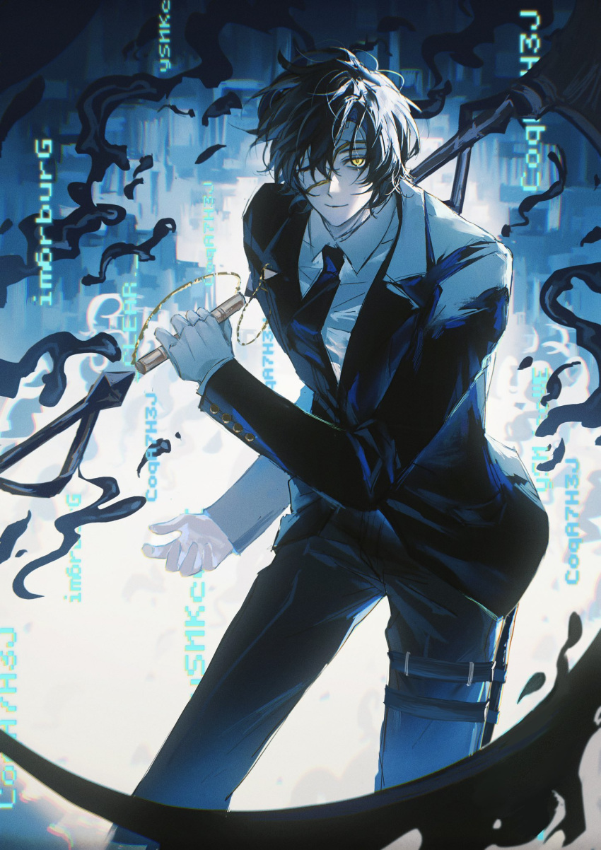 1boy, black_hair, black_jacket, black_necktie, black_pants, black_suit, chinese_commentary, ciphertext