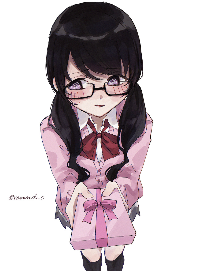 1girl, @_@, absurdres, averting_eyes, black_hair, blush, bow, cardigan