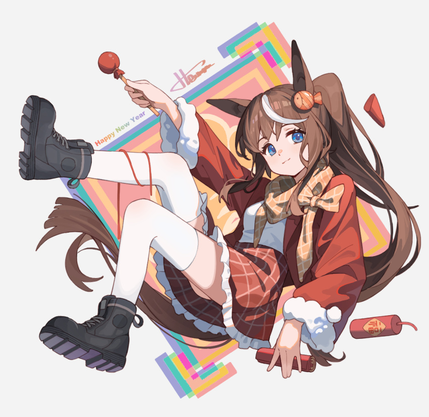 1girl, animal_ears, black_boots, blue_eyes, boots, brown_hair, brown_scarf, candy
