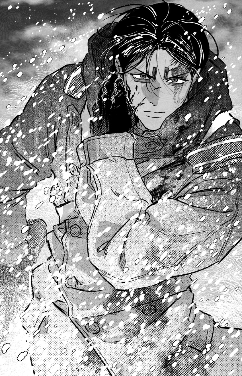 bleeding, blood, blood_on_face, coat, commentary, dark-skinned_male, dark_skin, gloves