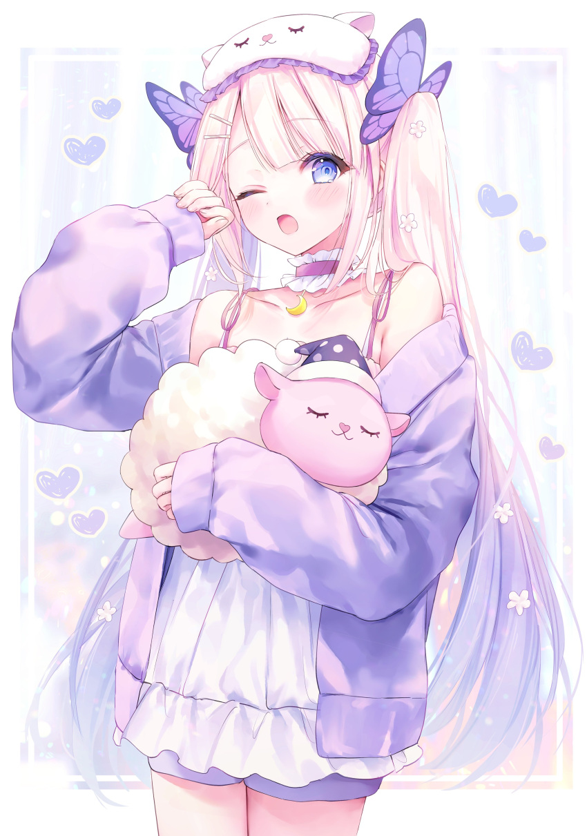 1girl, absurdres, blue_eyes, butterfly_hair_ornament, chemise, collar, collarbone, commentary