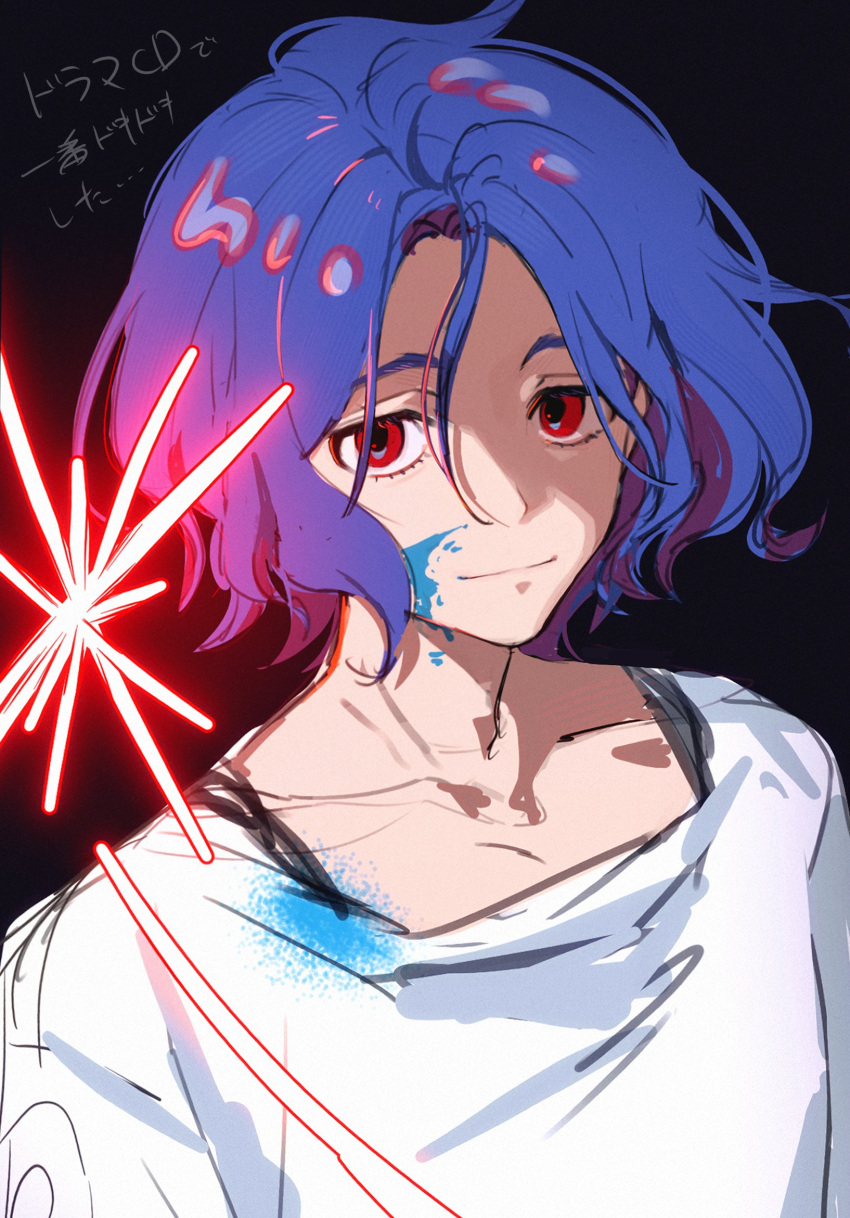 1boy, black_background, blue_hair, colored_inner_hair, facepaint, gundam, gundam_gquuuuuux, highres