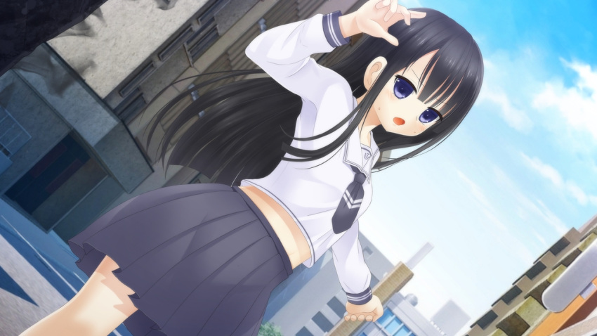 1girl, arm_up, asymmetrical_bangs, black_hair, blue_eyes, blue_neckerchief, blue_skirt, blunt_bangs, blush, breasts, building, character_request, choppy_bangs, city, copyright_request, cowboy_shot, day, fighting_stance, game_cg, hand_up, long_hair, long_sleeves, nanamiya_runa, neckerchief, non-web_source, official_art, open_mouth, outdoors, road, roshutsu-kei_mahou_shoujo, sailor_collar, school_uniform, self-datamine, shirt, shitou_(4h), sidelocks, skirt, small_breasts, solo, straight_hair, street, v-shaped_eyebrows, white_sailor_collar, white_shirt