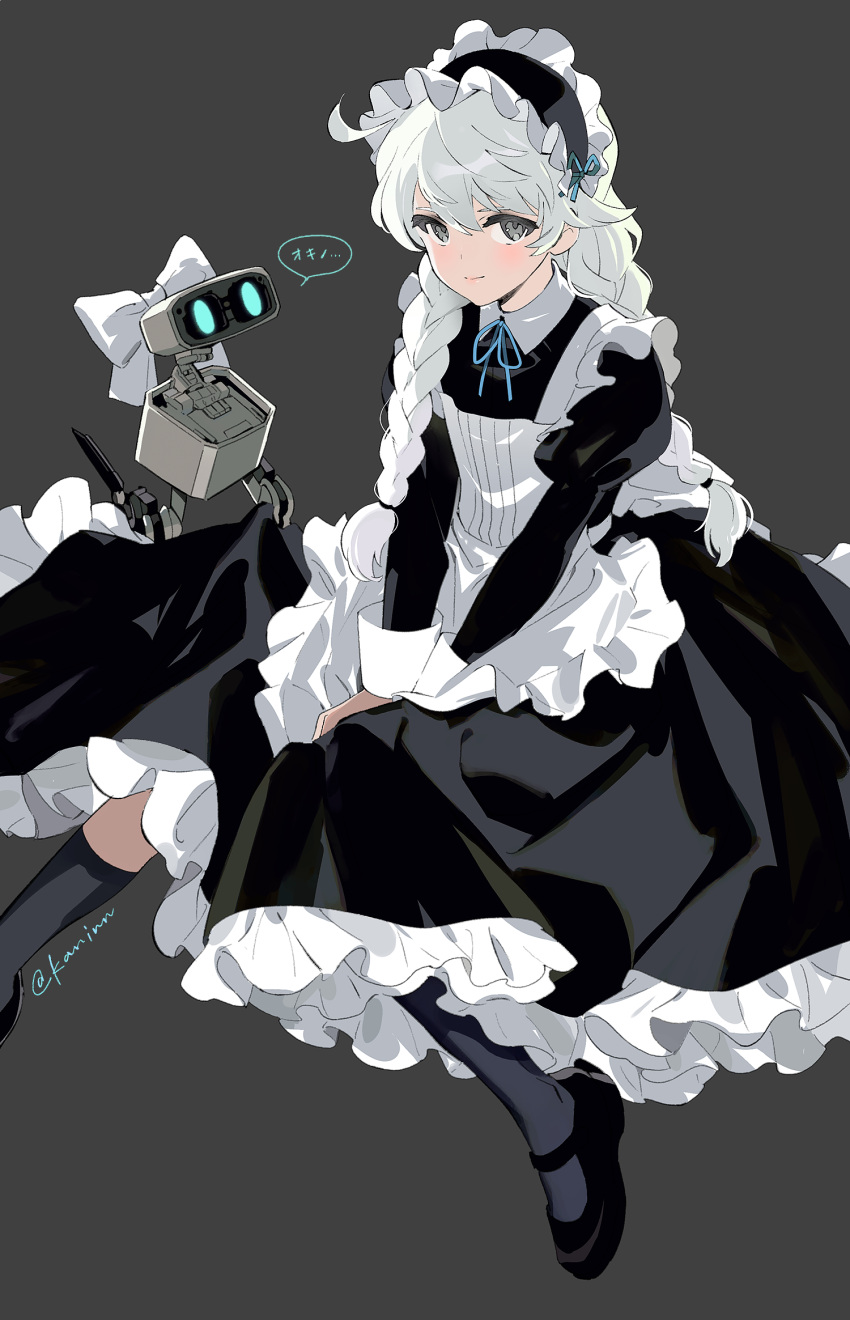 1boy, apron, bj_(juusan_kihei_bouei_ken), black_dress, braid, chinese_commentary, commentary_request, crossdressing, crossdressing_(mtf), dress, enmaided, frilled_dress, frills, grey_background, grey_eyes, highres, juusan_kihei_bouei_ken, kaninn, long_hair, maid, maid_apron, maid_headdress, male_focus, male_maid, mary_janes, non-humanoid_robot, okino_tsukasa, robot, shoes, simple_background, smile, trap, twin_braids, white_apron, white_hair