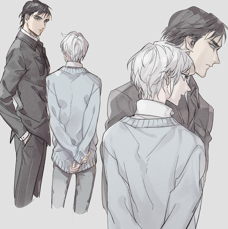 2boys, arms_behind_back, black_jacket, black_pants, black_suit, blue_cardigan, breast_pocket, brown_hair