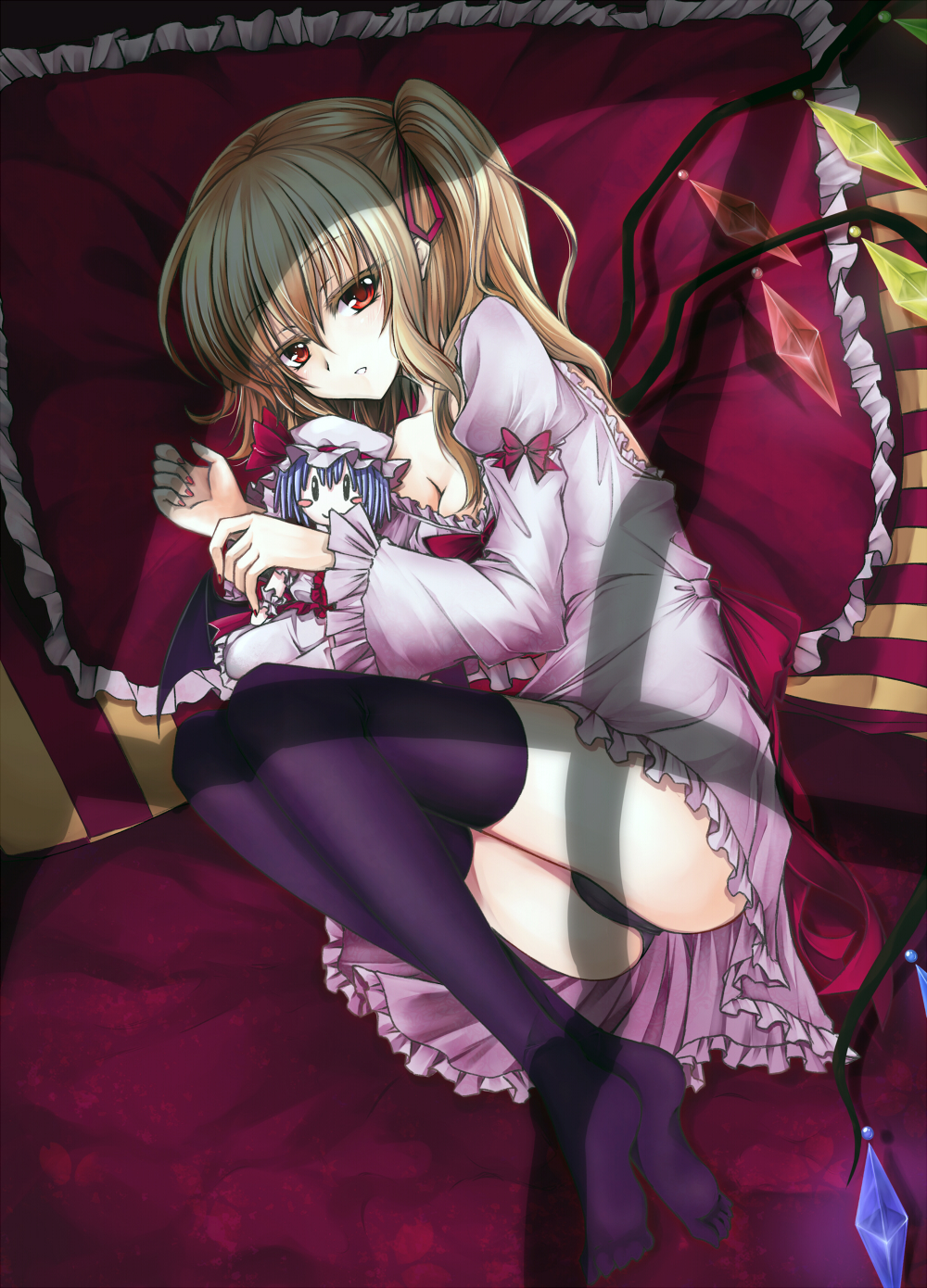 adult, black_legwear, black_panties, blonde_hair, blush_stickers, breasts, character_doll, cleavage