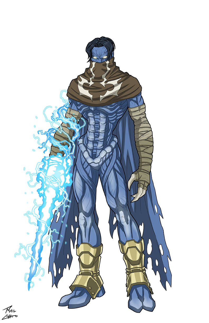 1boy, arm_warmers, arm_wrap, black_hair, blue_skin, brown_arm_warmers, brown_scarf, claws
