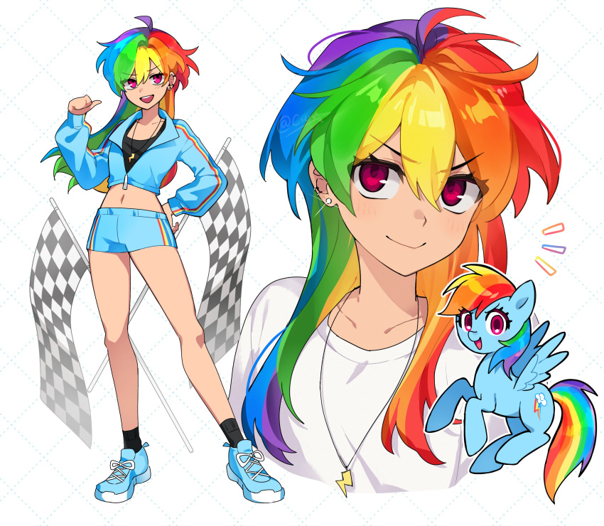 1girl, absurdres, ahoge, black_shirt, blue_jacket, blue_shorts, checkered_flag, cio_(ciosui)