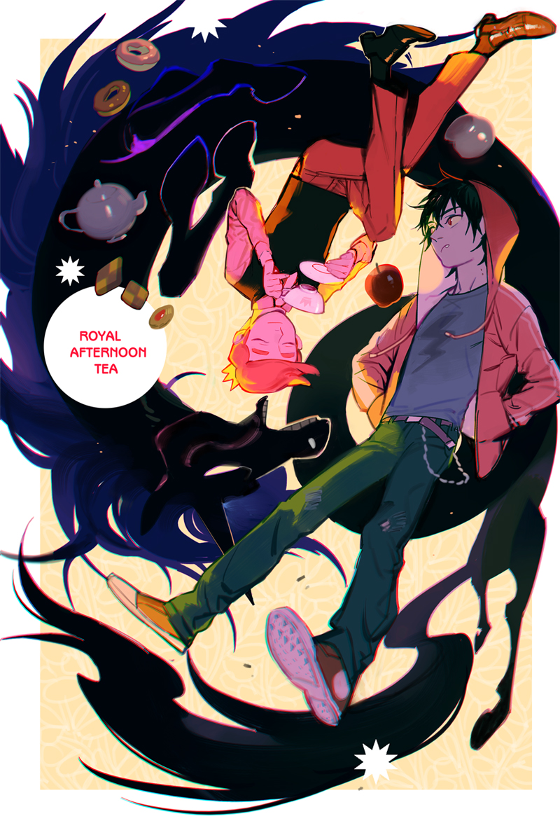 2boys, adventure_time, apple, belt, belt_buckle, black_hair, black_shoes, black_vest
