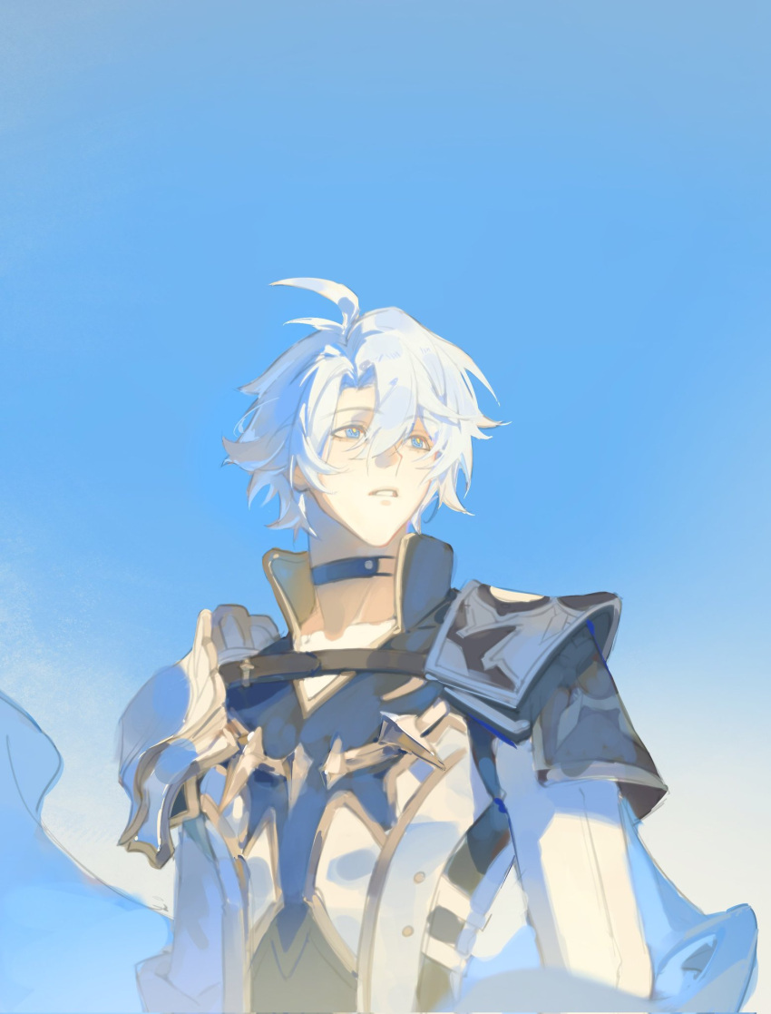 1boy, armor, black_choker, blue_cape, cape, choker, collared_shirt, commentary