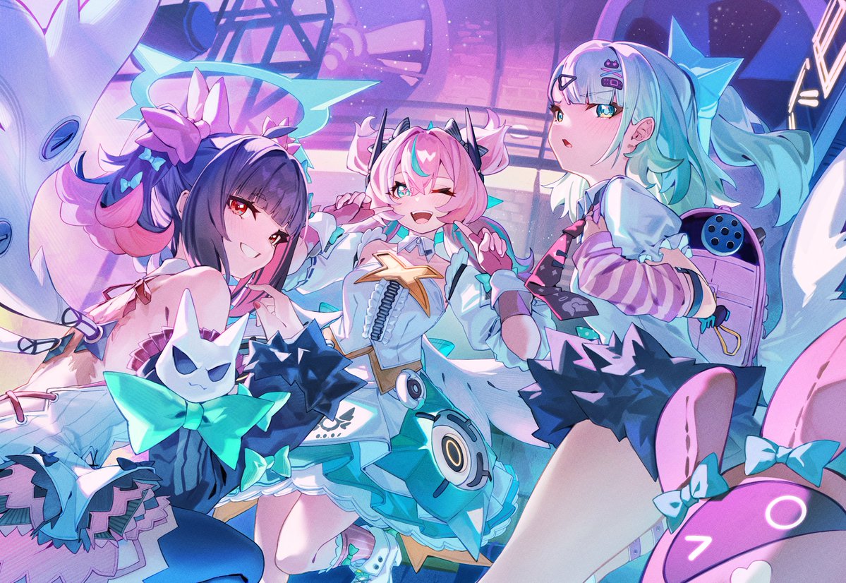 3girls, :d, angels_of_delusion, aqua_streaks, aria_(zenless_zone_zero), arm_warmers, bangboo_(zenless_zone_zero), bare_back