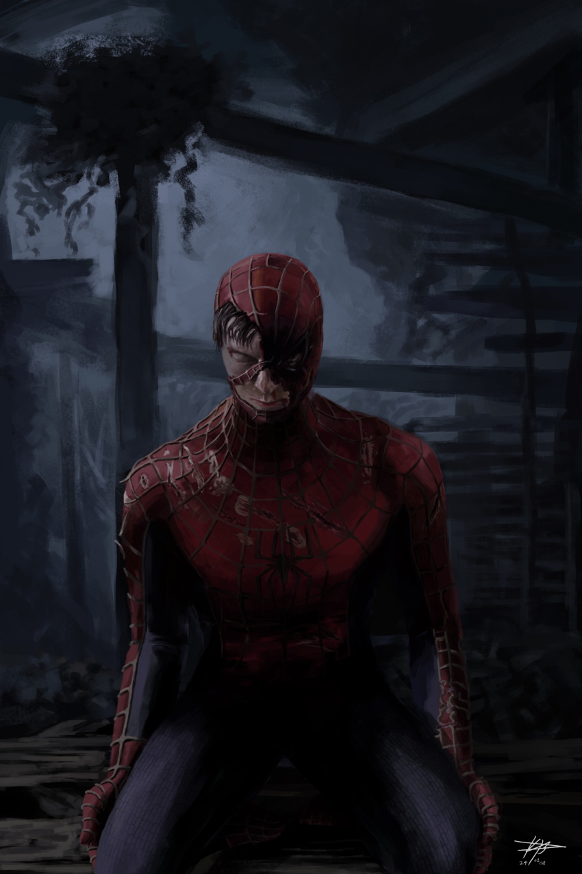 1boy, abandoned, absurdres, animal_print, arms_at_sides, blood, blood_on_body, blood_on_face