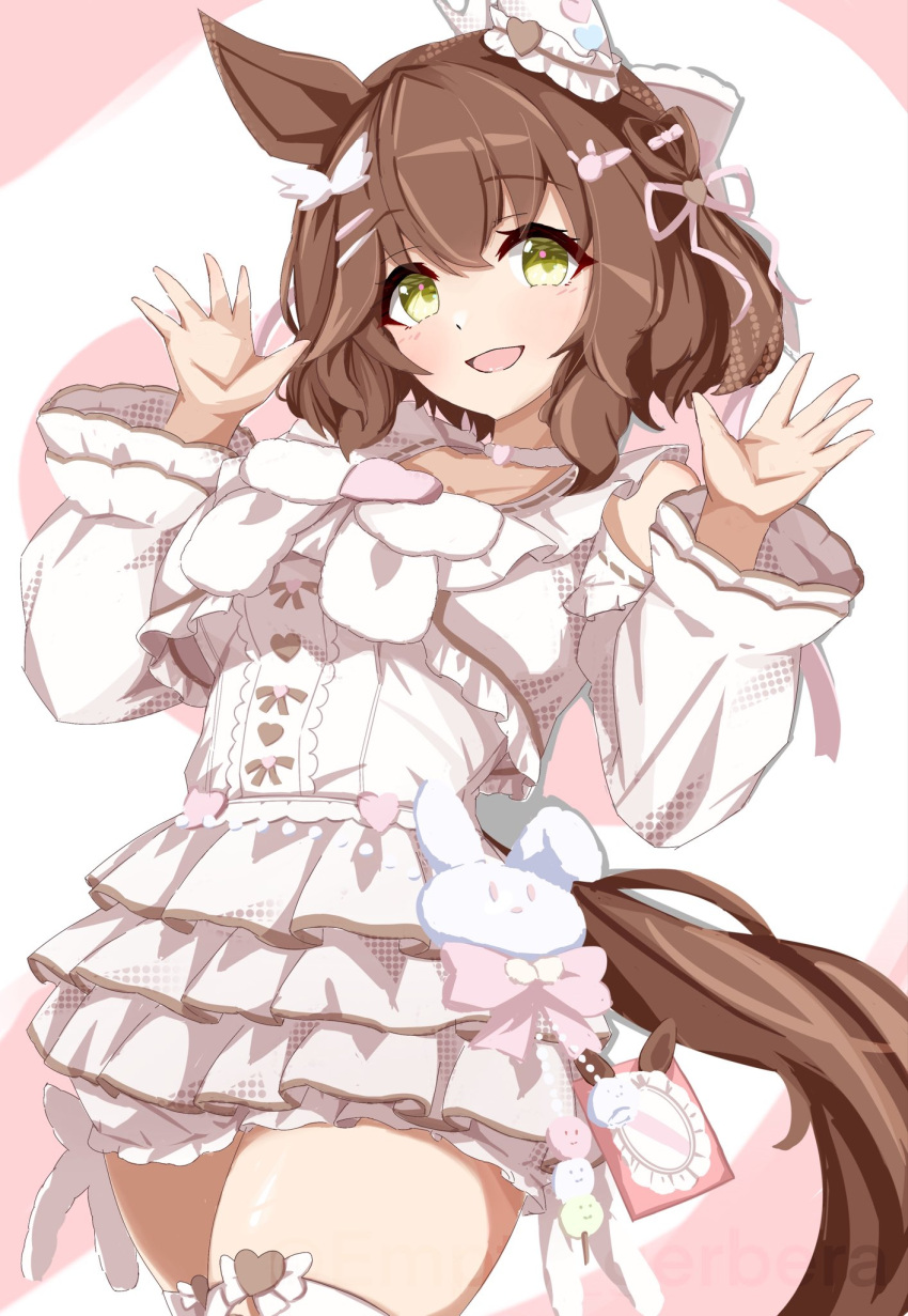 1girl, :d, animal_ears, aston_machan_(everlasting_candy)_(umamusume), aston_machan_(umamusume), brown_hair, commentary, detached_sleeves
