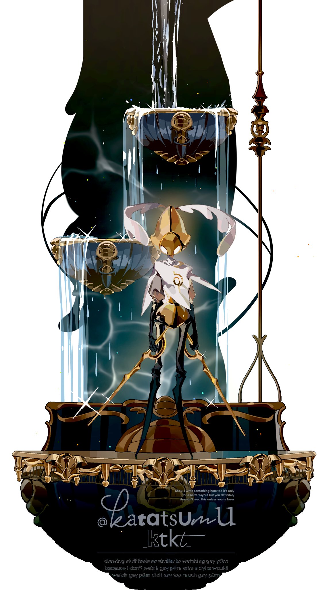 1other, arthropod_limbs, artist_name, black_skin, cloak, colored_skin, dual_wielding, english_text