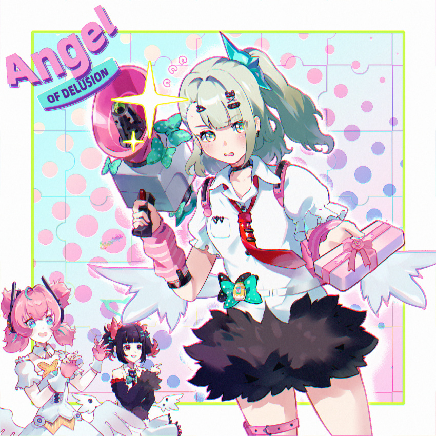 3girls, angels_of_delusion, aqua_streaks, aria_(zenless_zone_zero), arm_warmers, black_hair, black_skirt, blus
