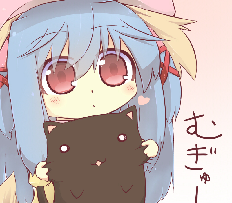 azuruel_(cat), black_cat, black_cat_(animal), blue_hair, blush, cat, cheek_pinching, cheek_tug