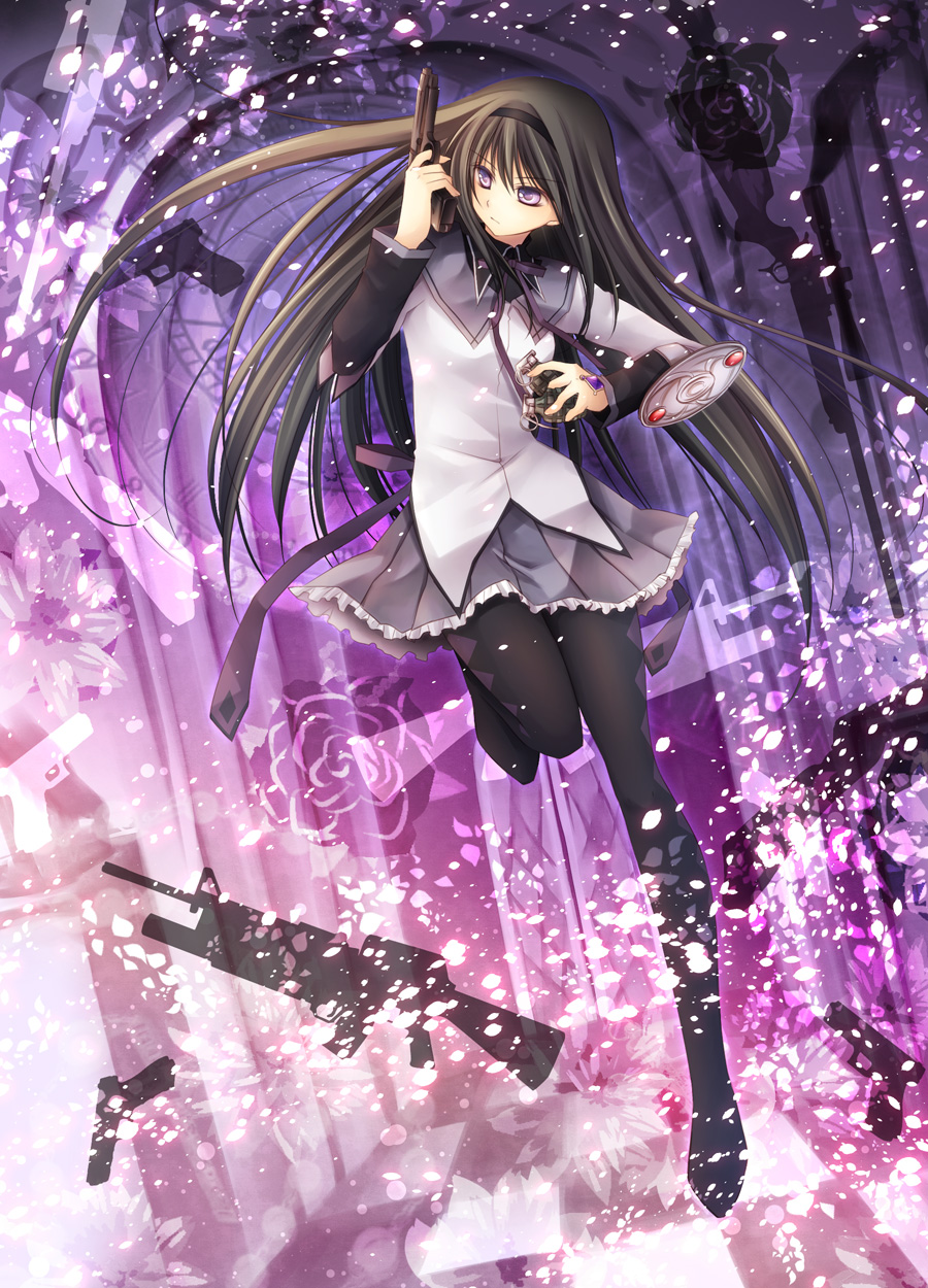 akemi_homura, assault_rifle, beretta_92, black_hair, boots, checkered, checkered_floor, explosive, flower, glock, grenade, grenade_launcher, gun, hairband, handgun, highres, long_hair, m16, m203, magical_girl, mahou_shoujo_madoka_magica, mitsufuki, pantyhose, pistol, purple, purple_eyes, rifle, rose, shield, silhouette, solo, standing_on_one_leg, submachine_gun, thigh_boots, thighhighs, thompson_submachine_gun, underbarrel_grenade_launcher, violet_eyes, weapon