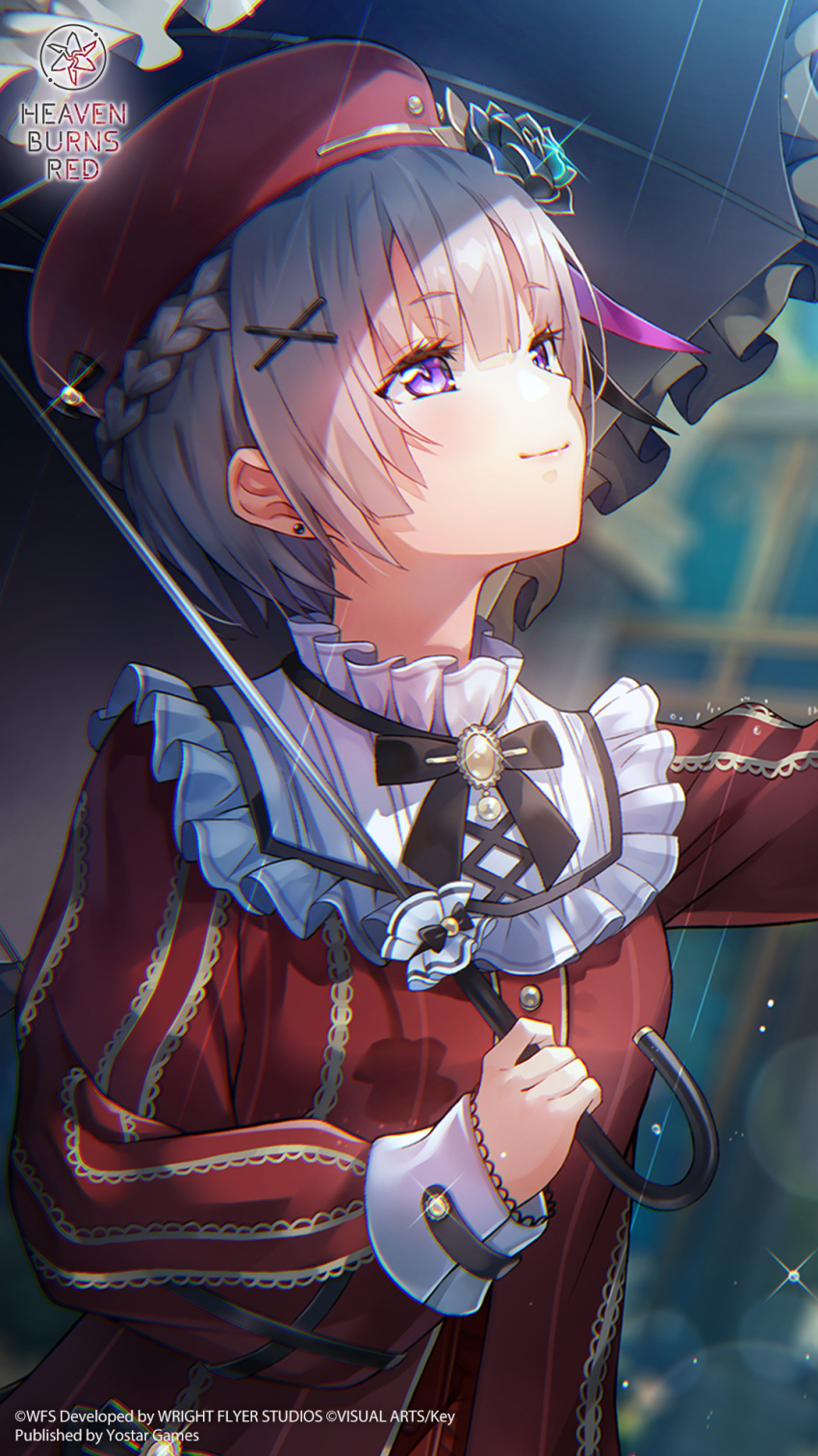 1girl, beret, black_bow, black_bowtie, black_flower, black_ribbon, black_umbrella, blunt_bangs