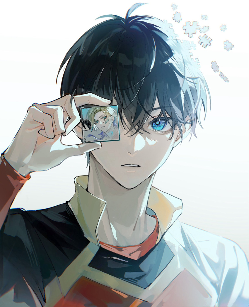 2boys, bastard_munchen_soccer_uniform, black_hair, blonde_hair, blue_eyes, blue_lock, collared_shirt, hair_between_eyes