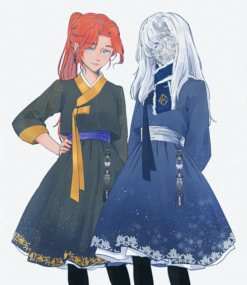 2girls, adversarial_noise, alicia_(clair_obscur:_expedition_33), alternate_costume, black_hanbok, blue_dress, blue_eyes, blue_hanbok