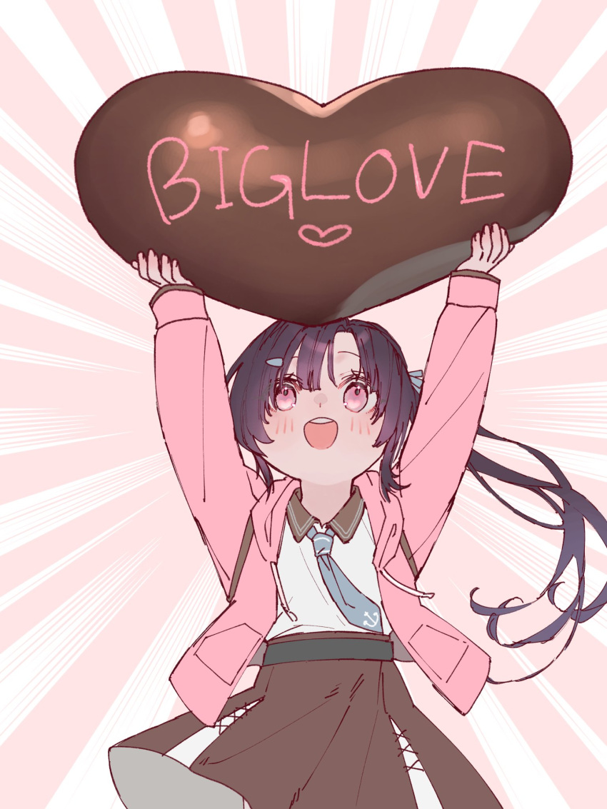1girl, black_hair, brown_collar, brown_skirt, candy, chocolate, collar, commentary_request, cowboy_shot, english_text, food, grey_necktie, heart, heart-shaped_chocolate, heart-shaped_food, highres, jacket, kantai_collection, looking_up, mt_tomo_(motomoto), nankai_(kancolle), necktie, nosaki_(kancolle), nosaki_kai_(valentine)_(kancolle), open_mouth, oversized_object, pink_jacket, red_eyes, round_teeth, shirt, side_ponytail, skirt, solo, sunburst, sunburst_background, teeth, upper_teeth_only, white_shirt