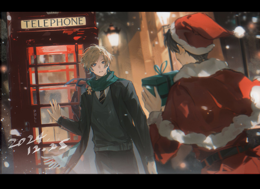 2boys, alternate_costume, black_border, black_coat, black_hair, black_pants, blonde_hair, blue_hair